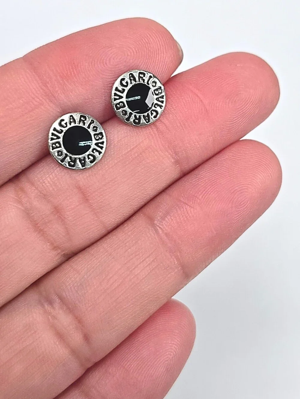 Bvlgari Inspired Black Enamel Stud Earrings 925 Sterling Silver 10mm - Picture 7 of 8